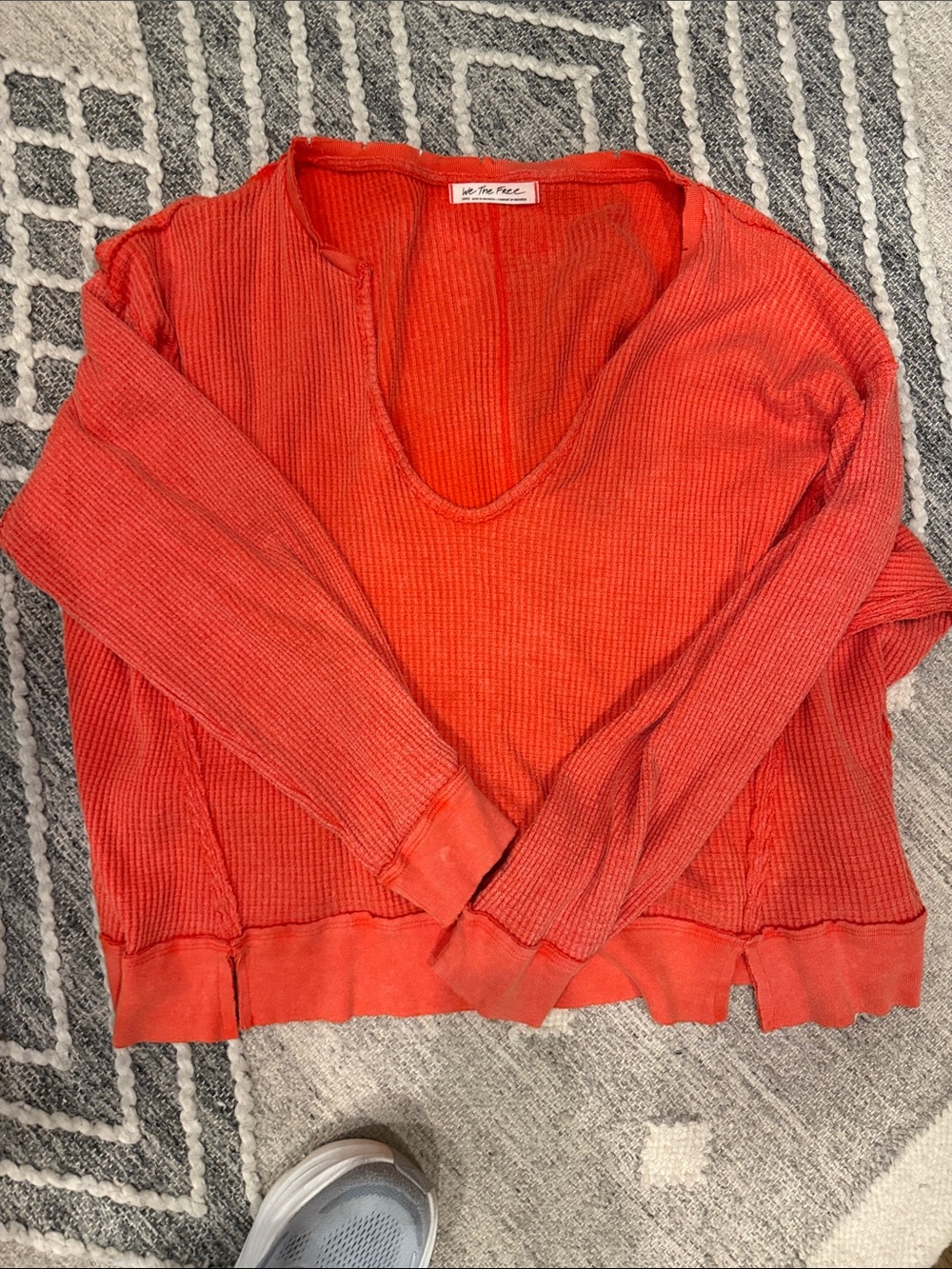 We The Free Coral-Red Waffle Knit Scoop Neck Pullover